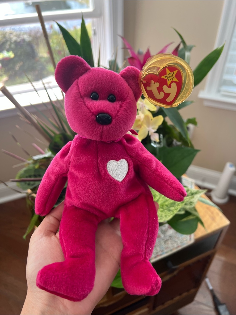 Ty Hot Pink Beanie Baby Bear with White Heart
